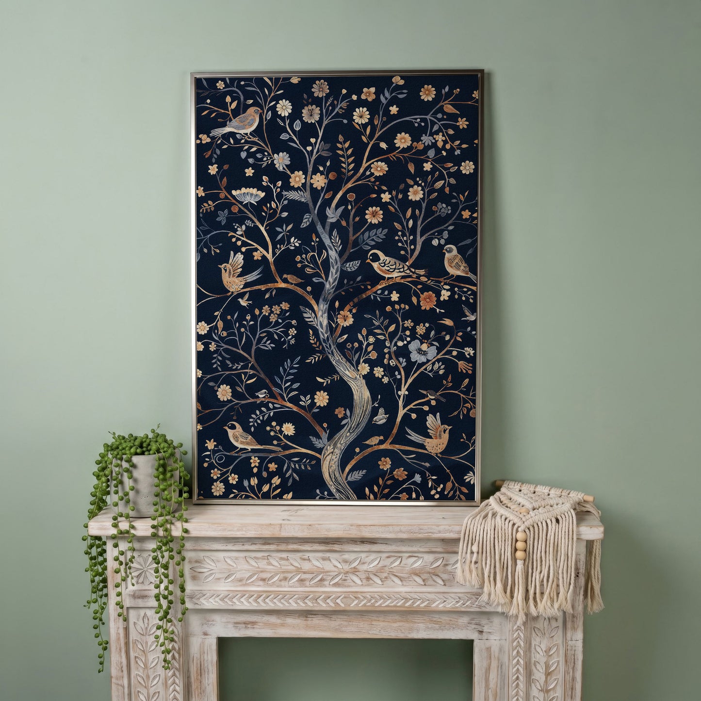 Boho Birds on Flower Tree Canvas Print in silver floating frame