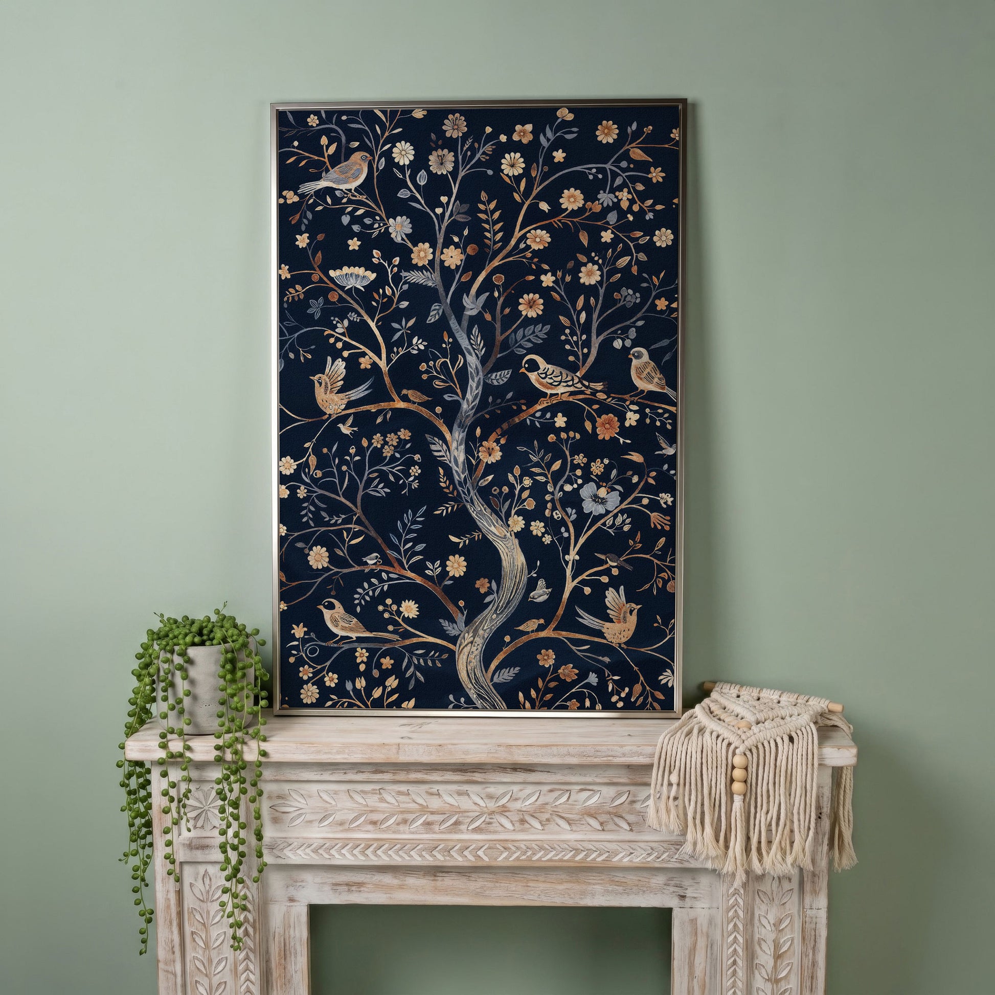 Boho Birds on Flower Tree Canvas Print in silver floating frame