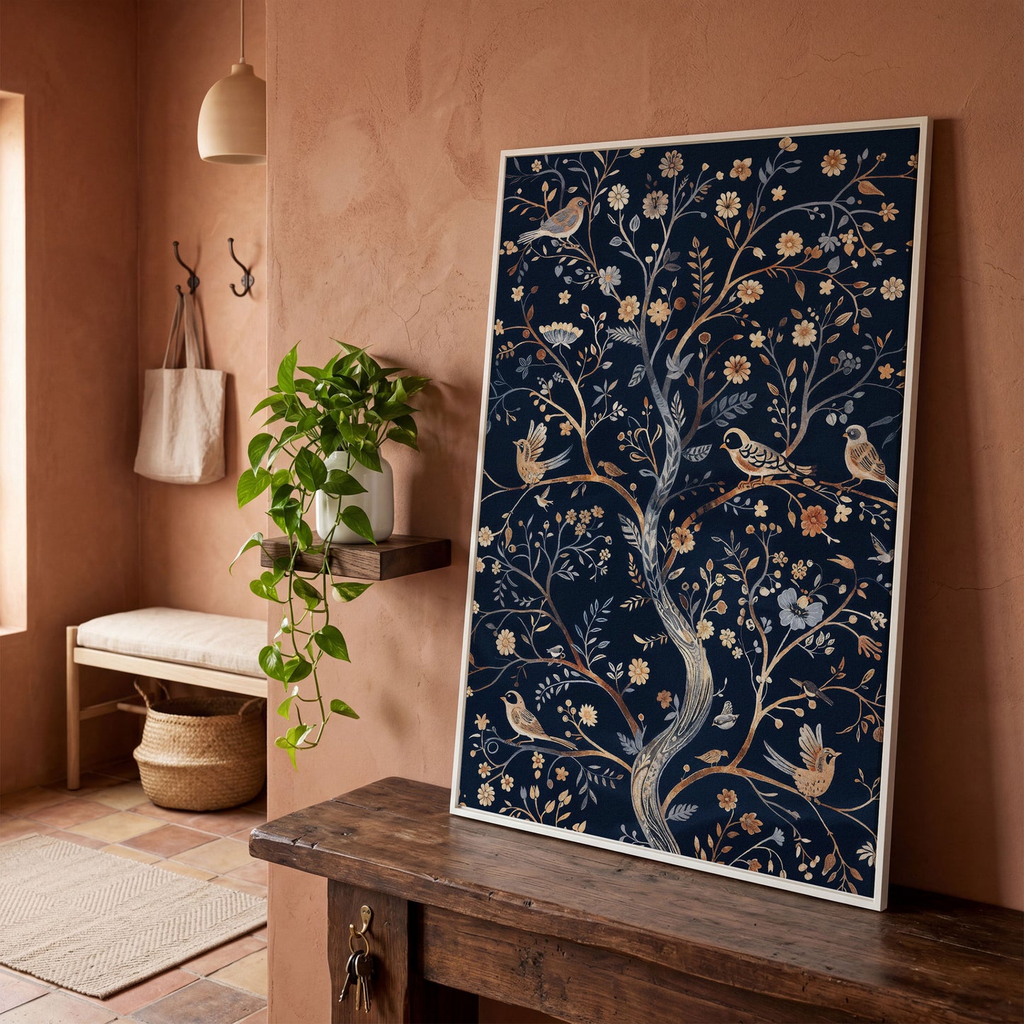 Boho Birds on Flower Tree Canvas Print in white floating frame