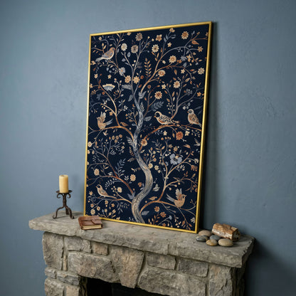 Boho Birds on Flower Tree Canvas Print in yellow gold floating frame