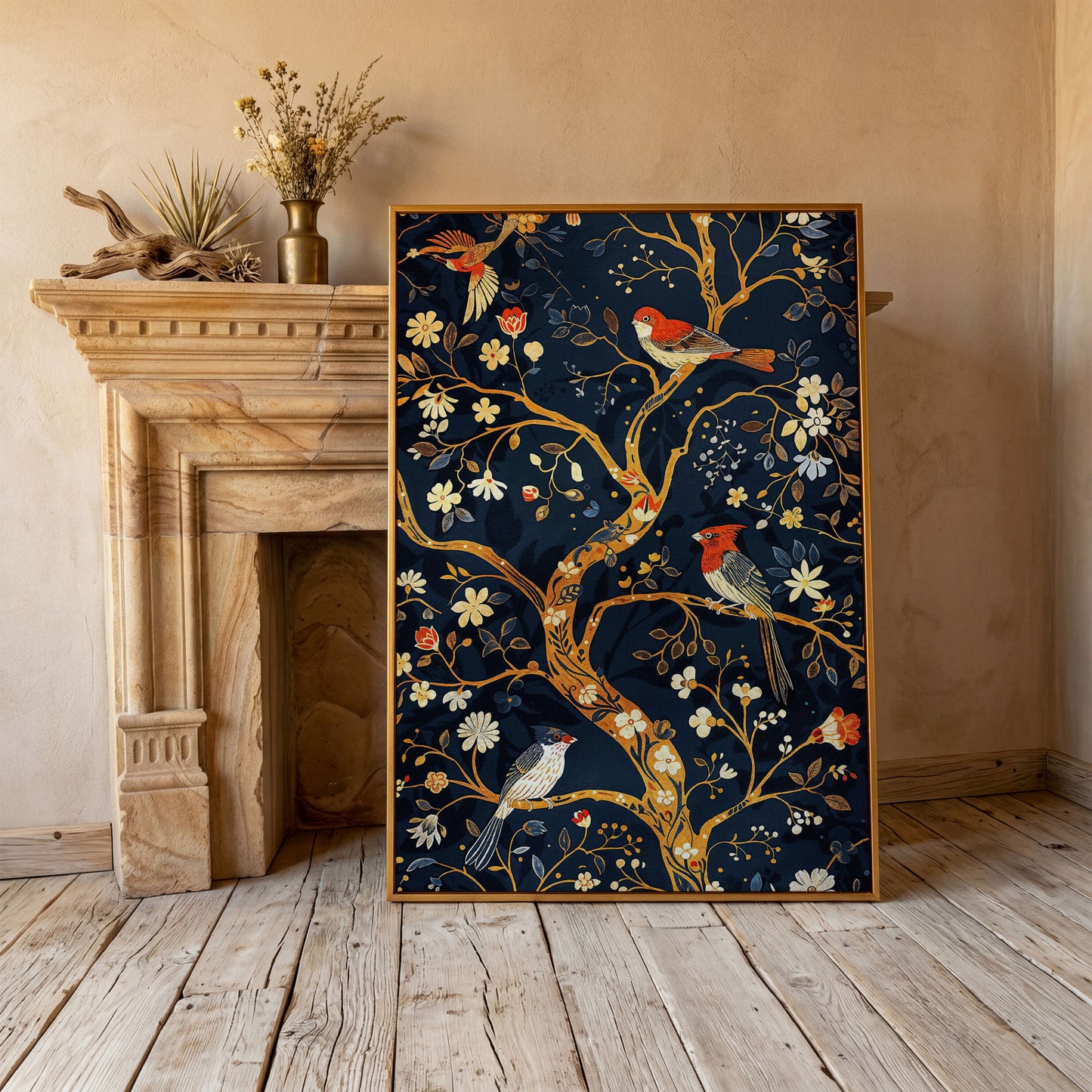 Flower Tree of Life with Birds Canvas Print in antique gold floating frame