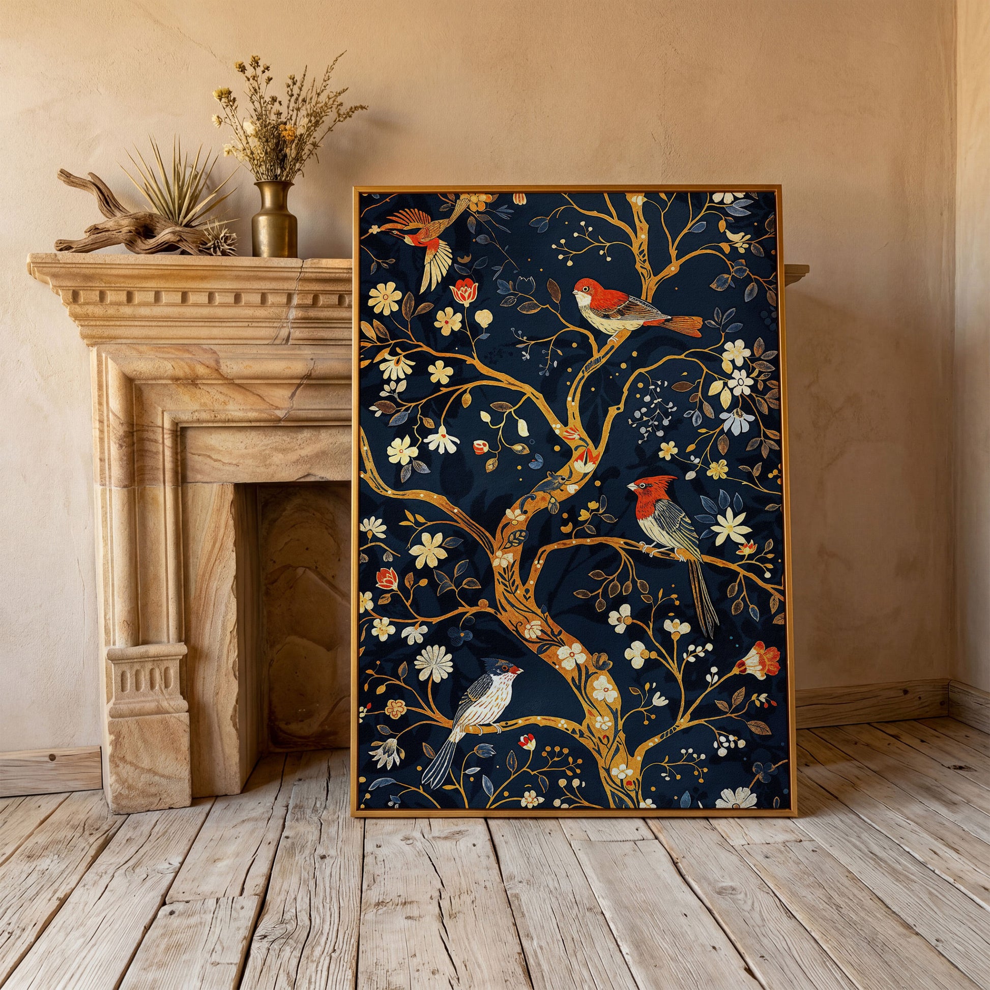 Flower Tree of Life with Birds Canvas Print in antique gold floating frame