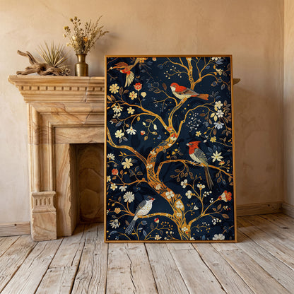Flower Tree of Life with Birds Canvas Print in antique gold floating frame