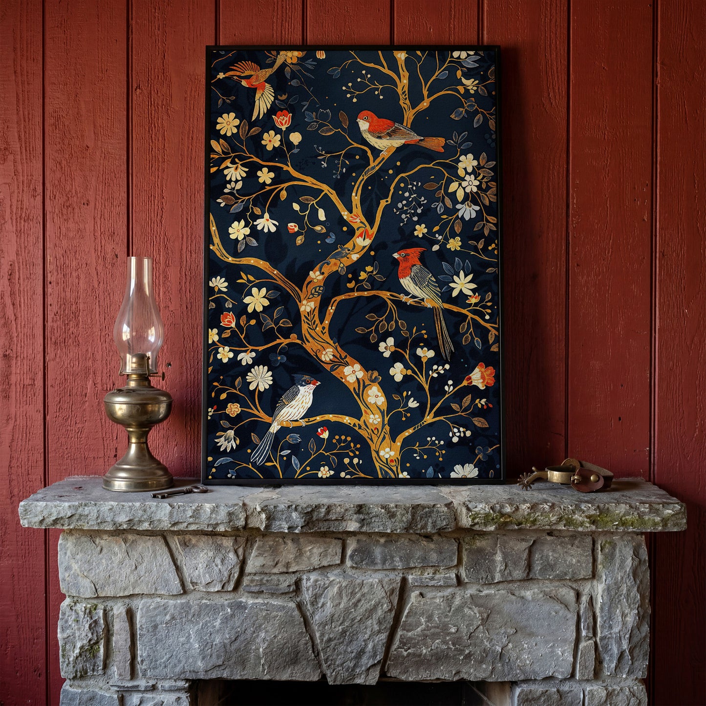 Flower Tree of Life with Birds Canvas Print in black floating frame