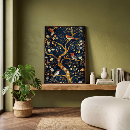 Flower Tree of Life with Birds Canvas Print in dark walnut floating frame