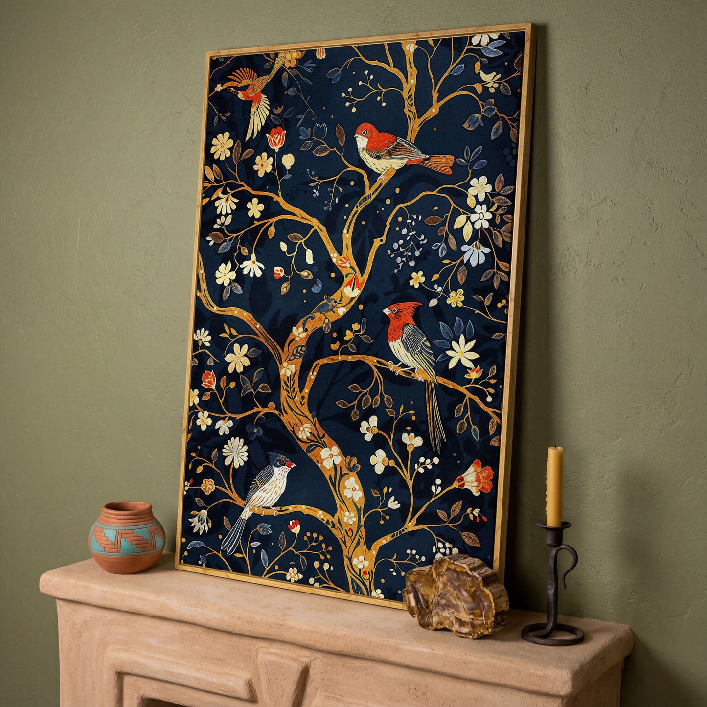 Flower Tree of Life with Birds Canvas Print in white oak floating frame