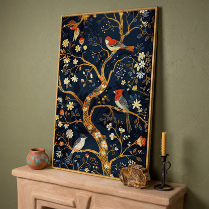 Flower Tree of Life with Birds Canvas Print in white oak floating frame