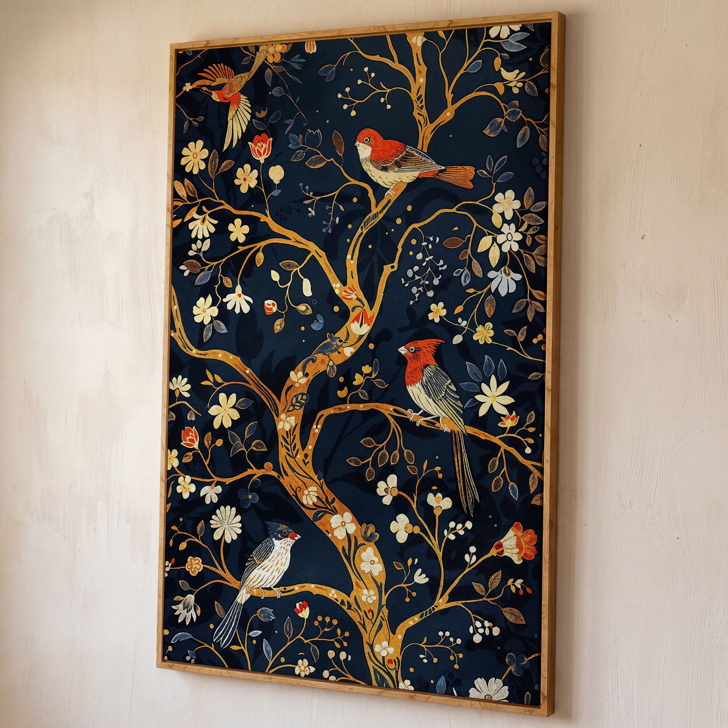 Flower Tree of Life with Birds Canvas Print shown in white oak floating frame