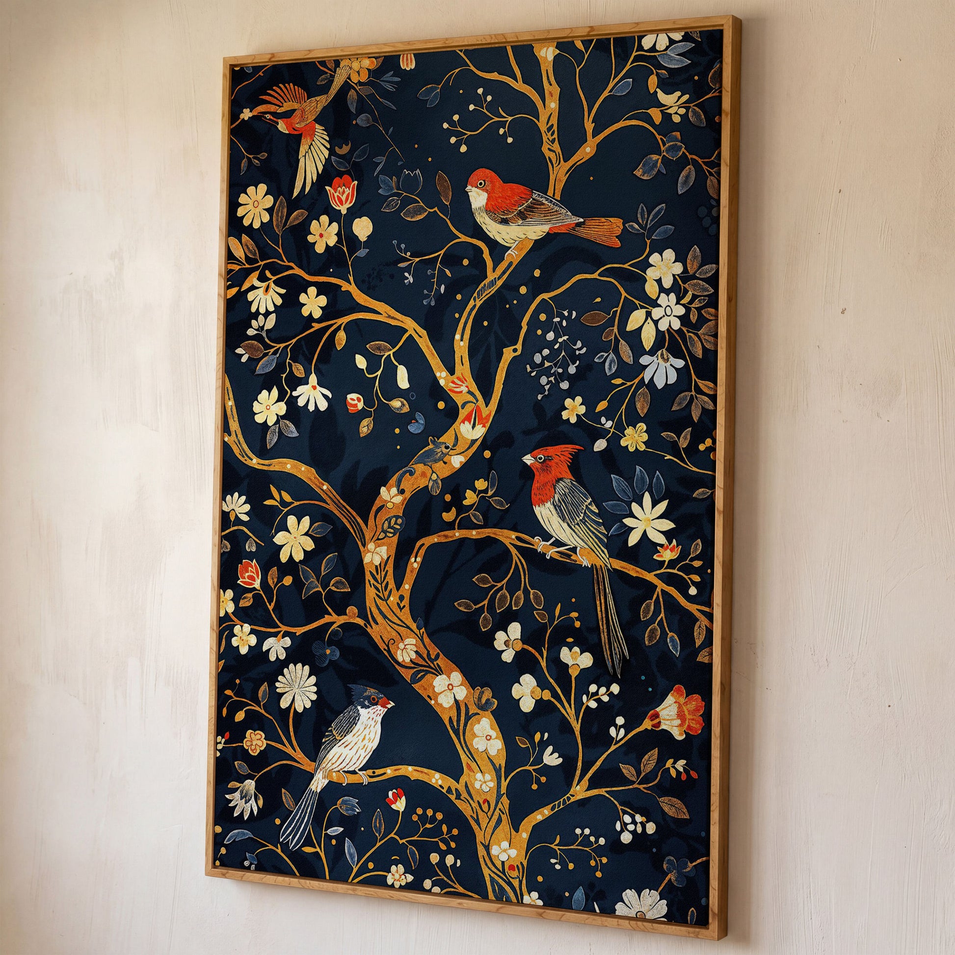 Flower Tree of Life with Birds Canvas Print shown in white oak floating frame