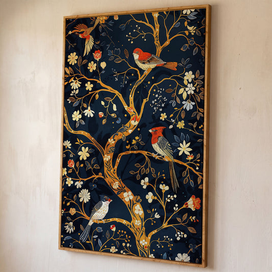 Flower Tree of Life with Birds Canvas Print shown in white oak floating frame