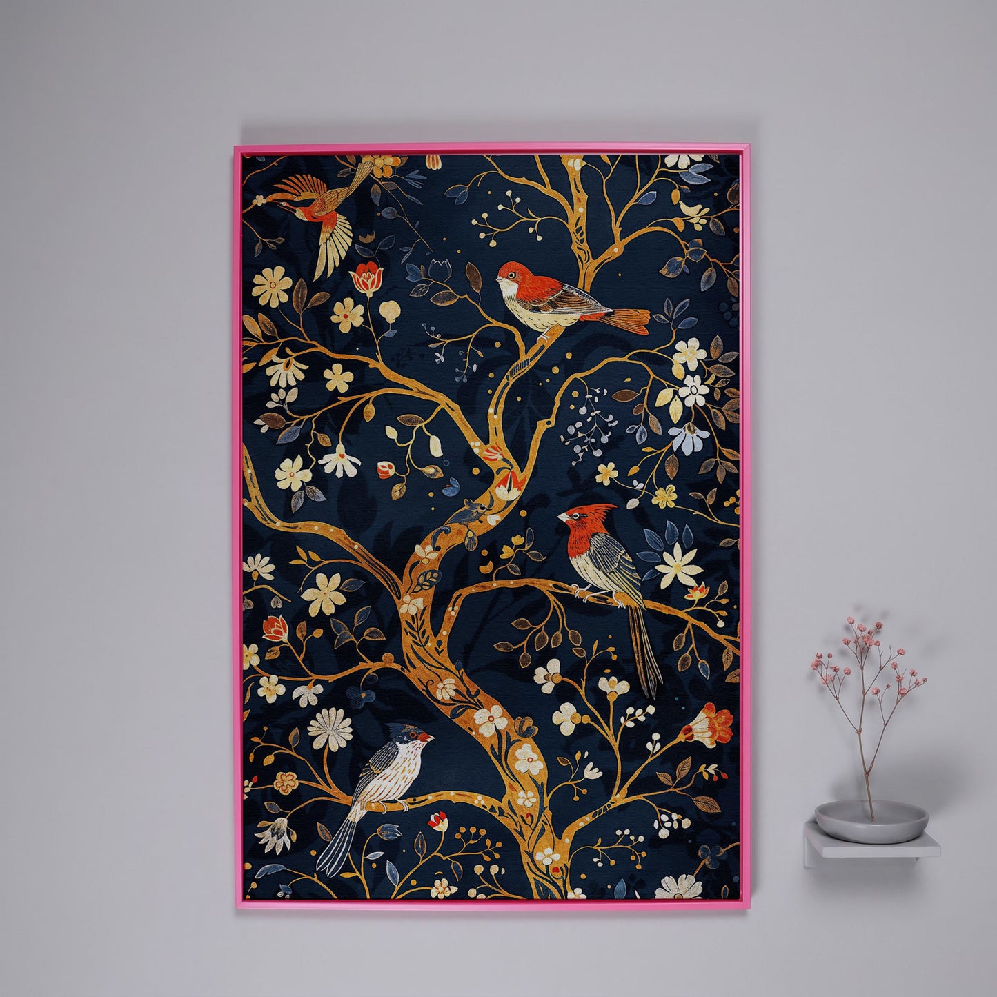 Flower Tree of Life with Birds Canvas Print in pink floating frame