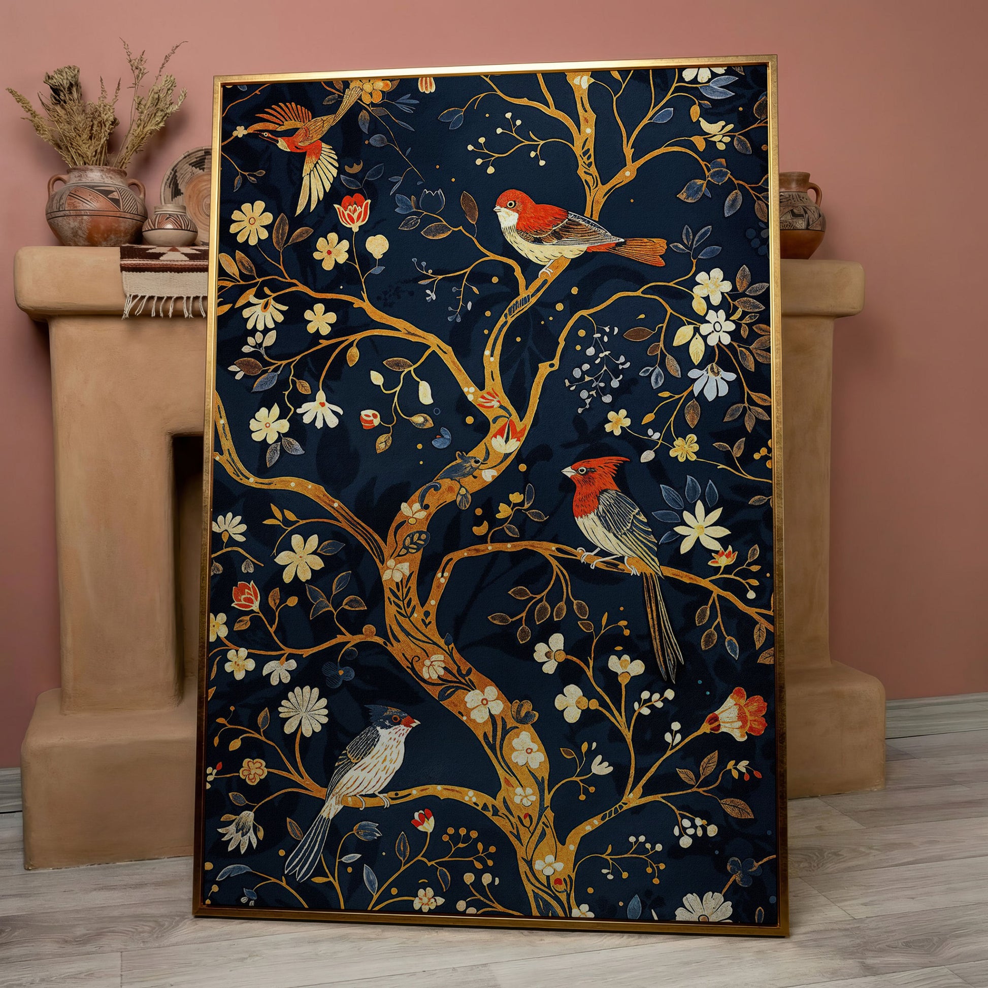 Flower Tree of Life with Birds Canvas Print in rose gold floating frame