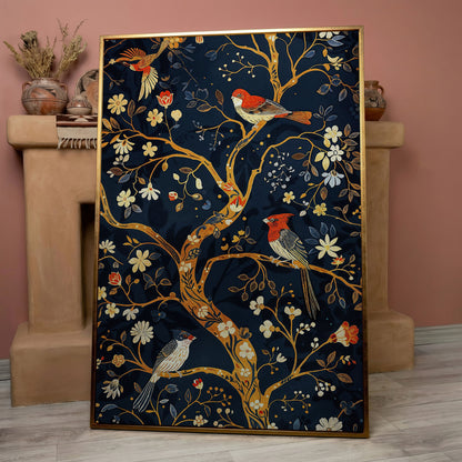 Flower Tree of Life with Birds Canvas Print in rose gold floating frame