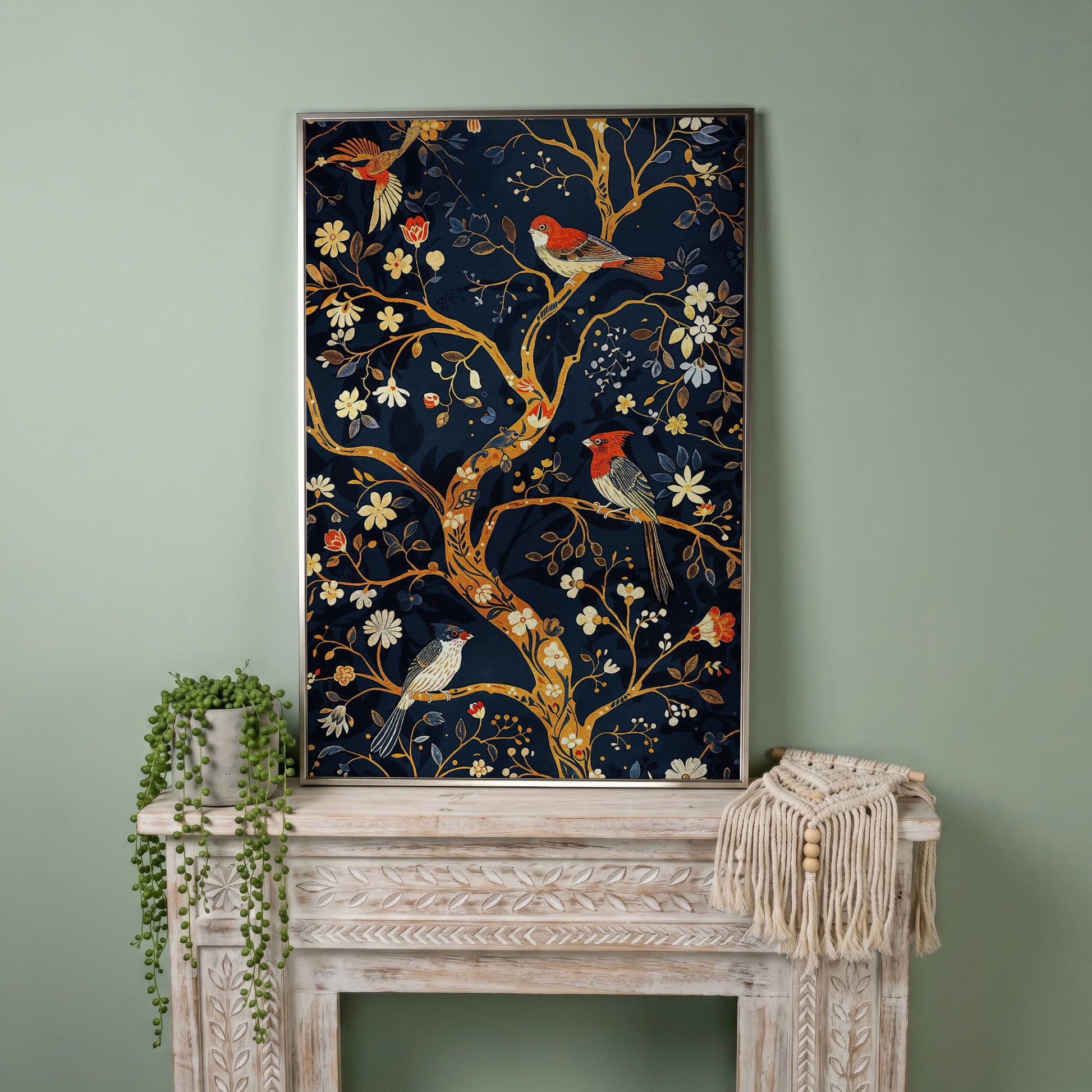 Flower Tree of Life with Birds Canvas Print in silver floating frame