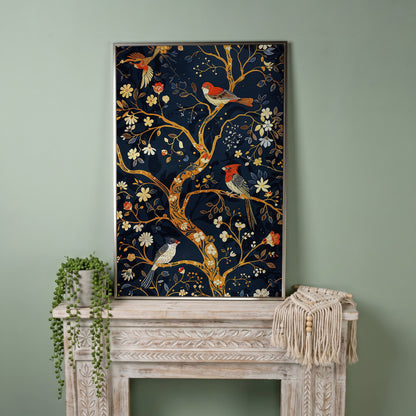 Flower Tree of Life with Birds Canvas Print in silver floating frame