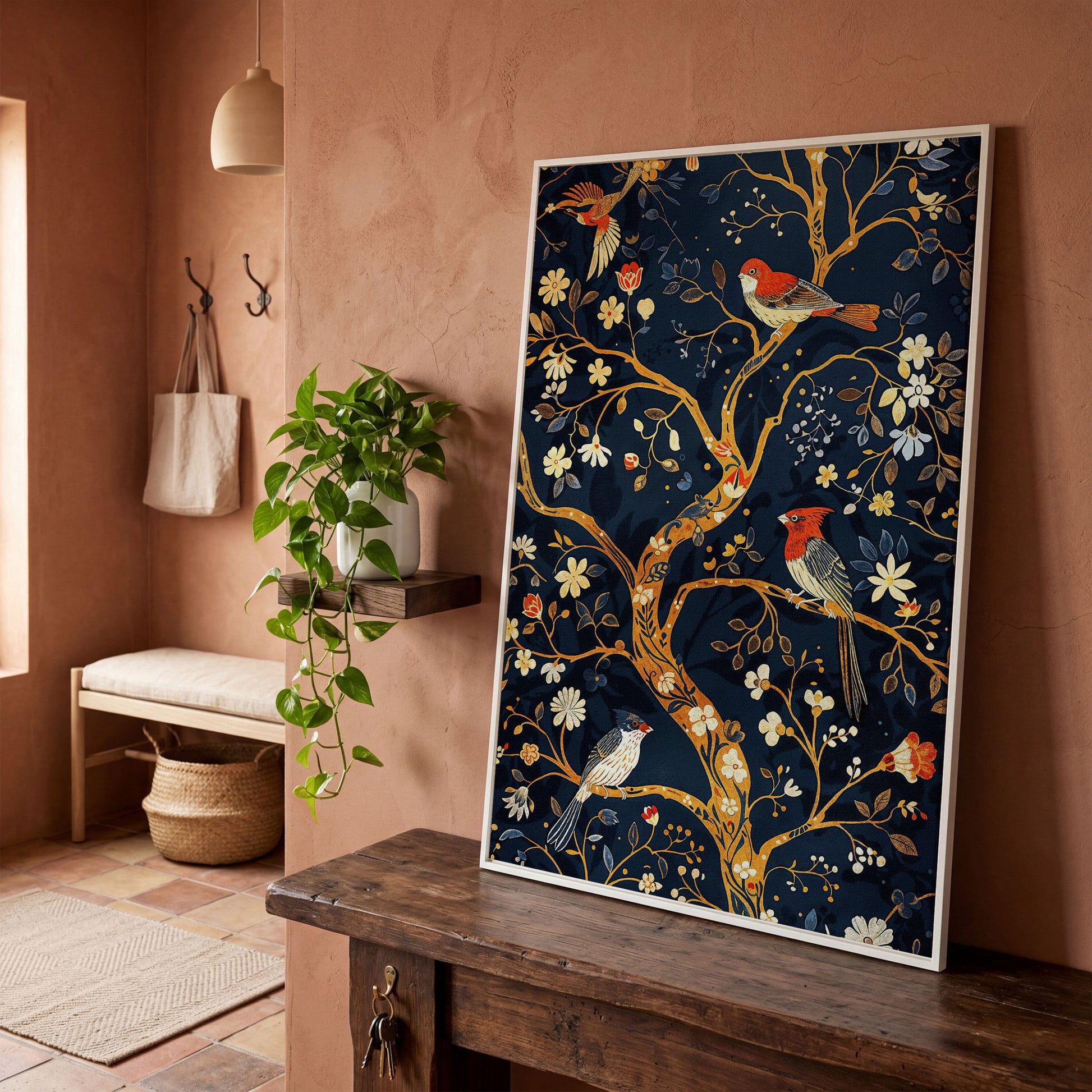 Flower Tree of Life with Birds Canvas Print in white floating frame