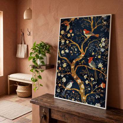 Flower Tree of Life with Birds Canvas Print in white floating frame