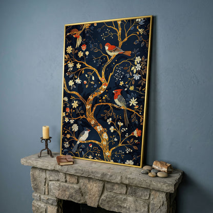 Flower Tree of Life with Birds Canvas Print in yellow gold floating frame