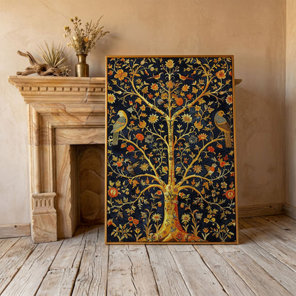 Tree of Life with Birds and Flowers Canvas in antique gold floating frame