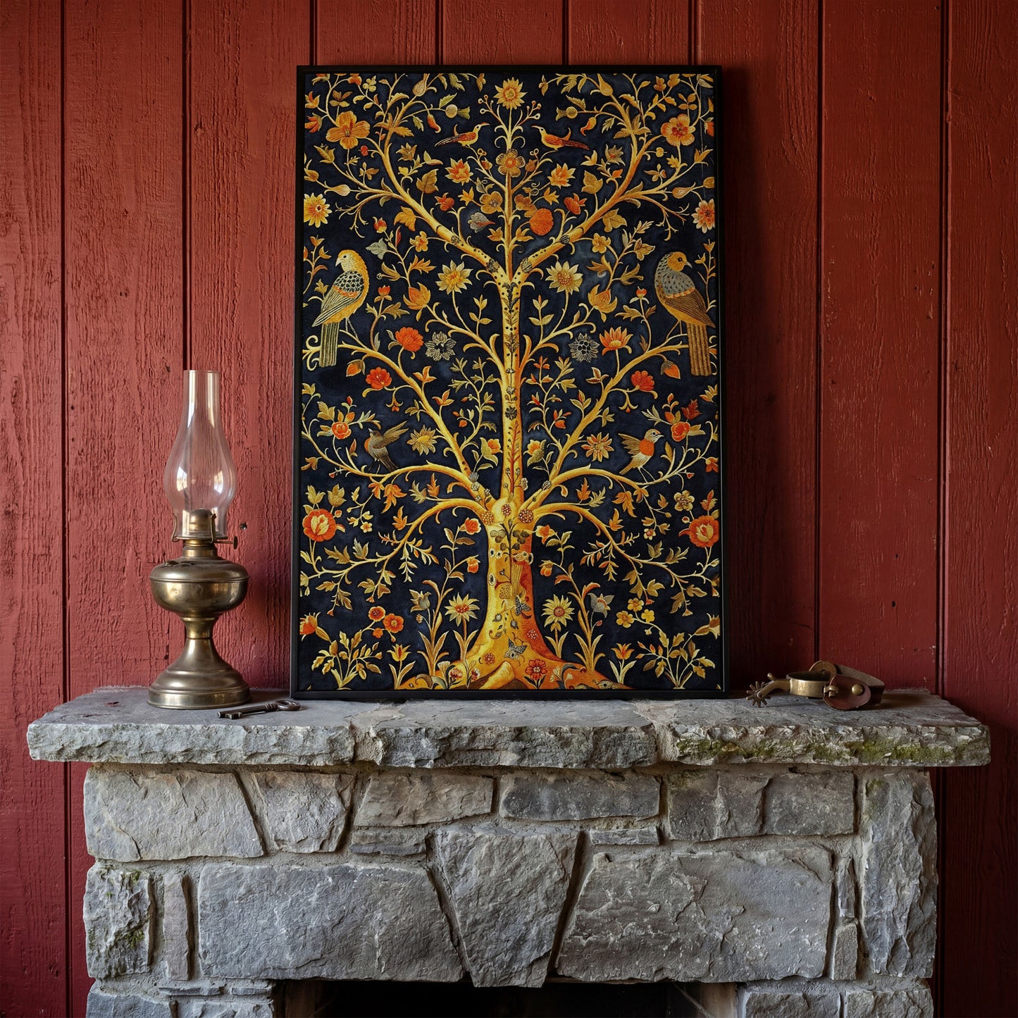 Tree of Life with Birds and Flowers Canvas in black floating frame