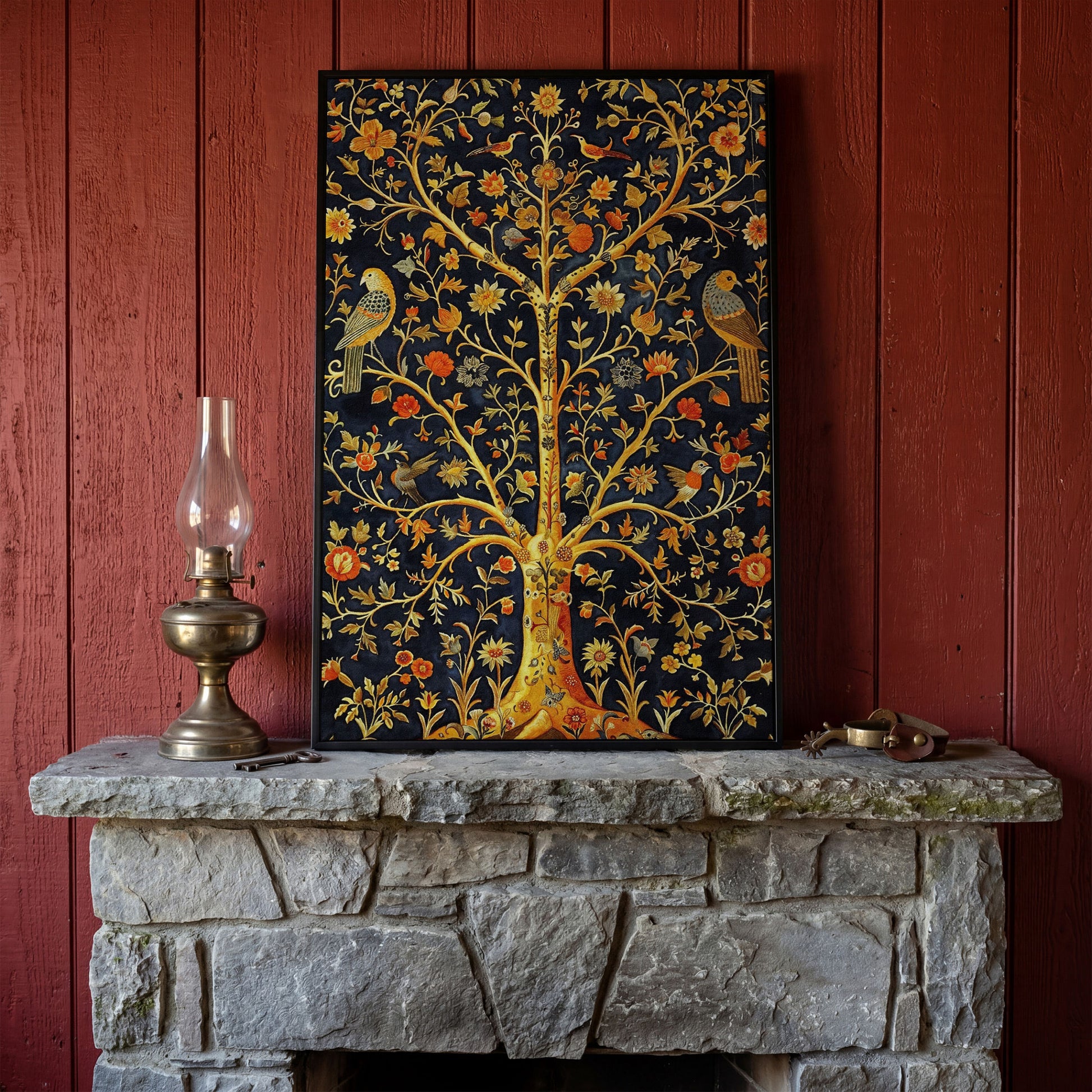 Tree of Life with Birds and Flowers Canvas in black floating frame
