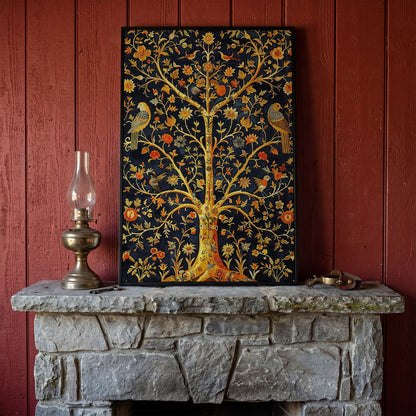 Tree of Life with Birds and Flowers Canvas in black floating frame