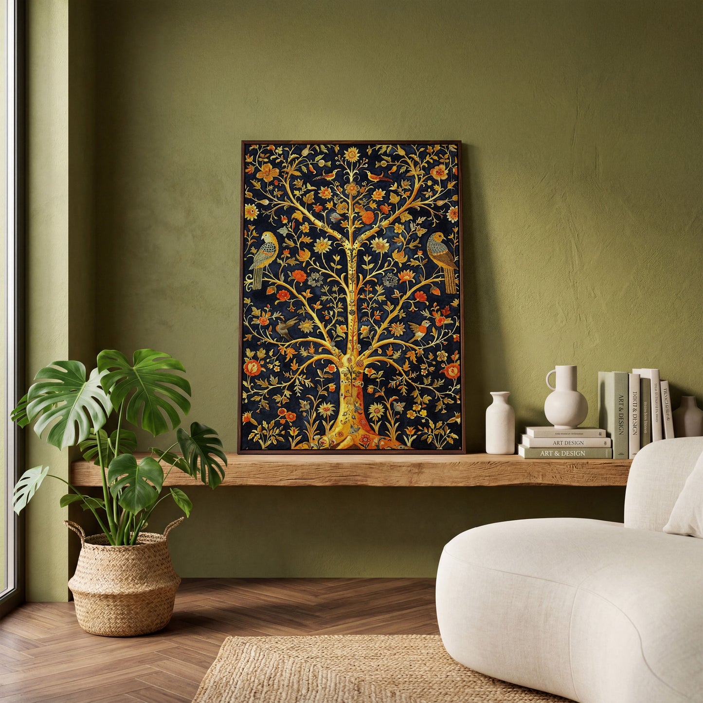 Tree of Life with Birds and Flowers Canvas in dark walnut floating frame