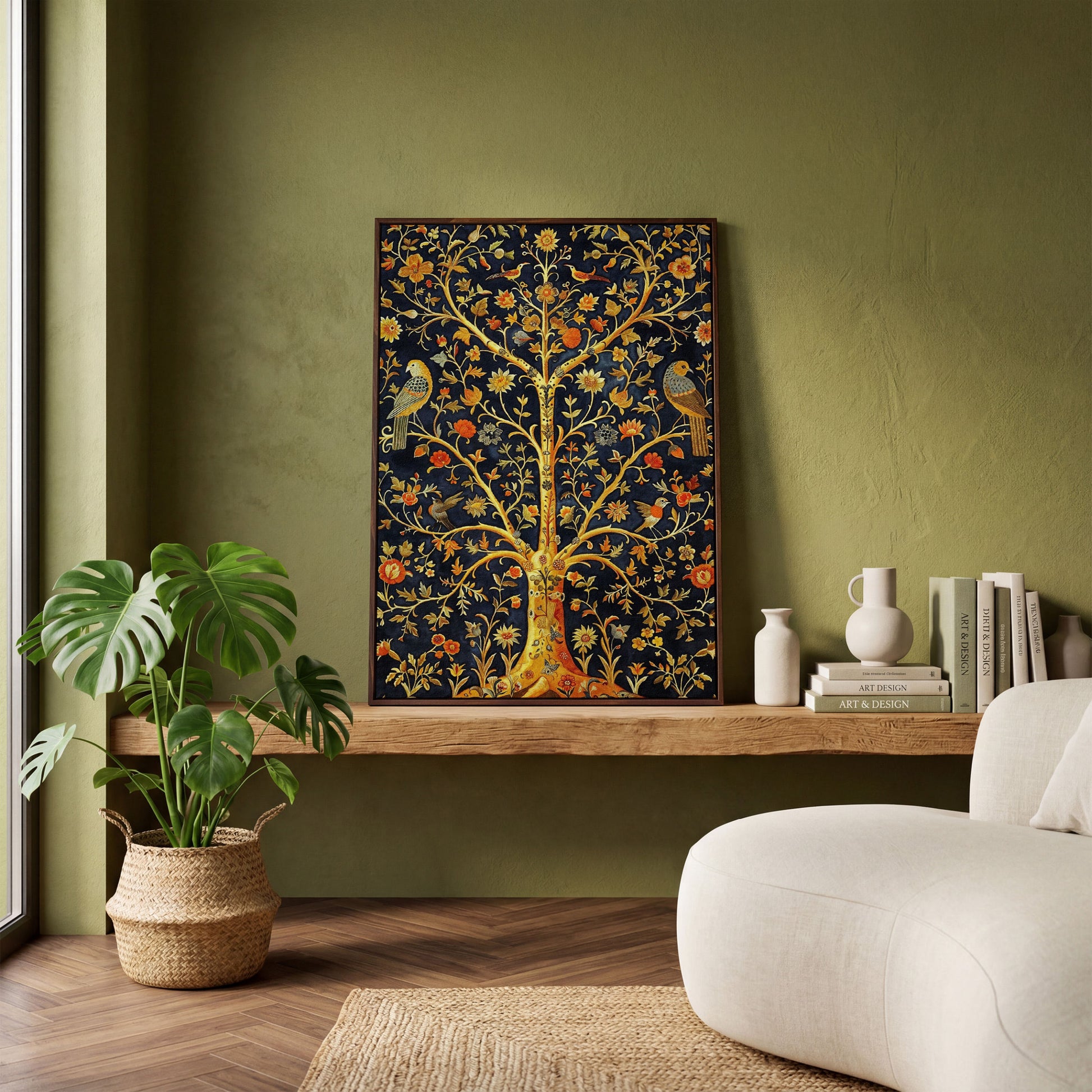 Tree of Life with Birds and Flowers Canvas in dark walnut floating frame