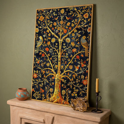 Tree of Life with Birds and Flowers Canvas in white oak floating frame