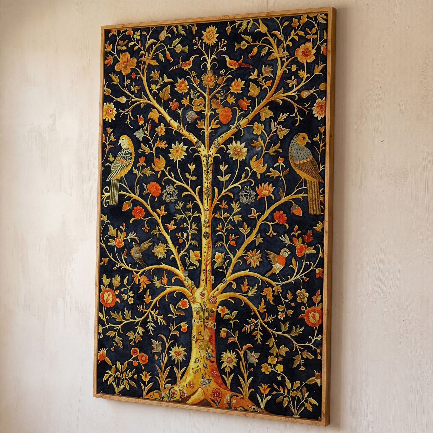 Tree of Life with Birds and Flowers Canvas shown in white oak floating frame