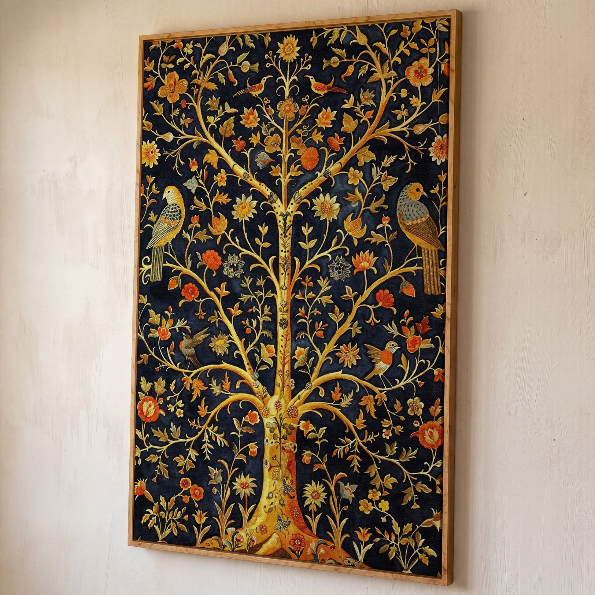 Tree of Life with Birds and Flowers Canvas shown in white oak floating frame