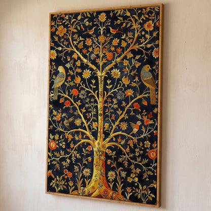 Tree of Life with Birds and Flowers Canvas shown in white oak floating frame