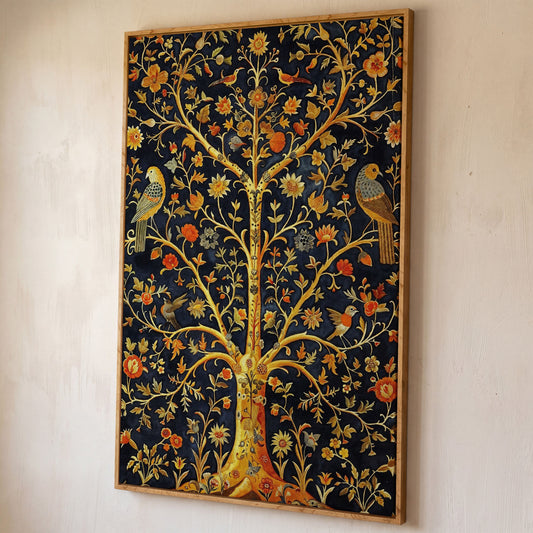 Tree of Life with Birds and Flowers Canvas shown in white oak floating frame