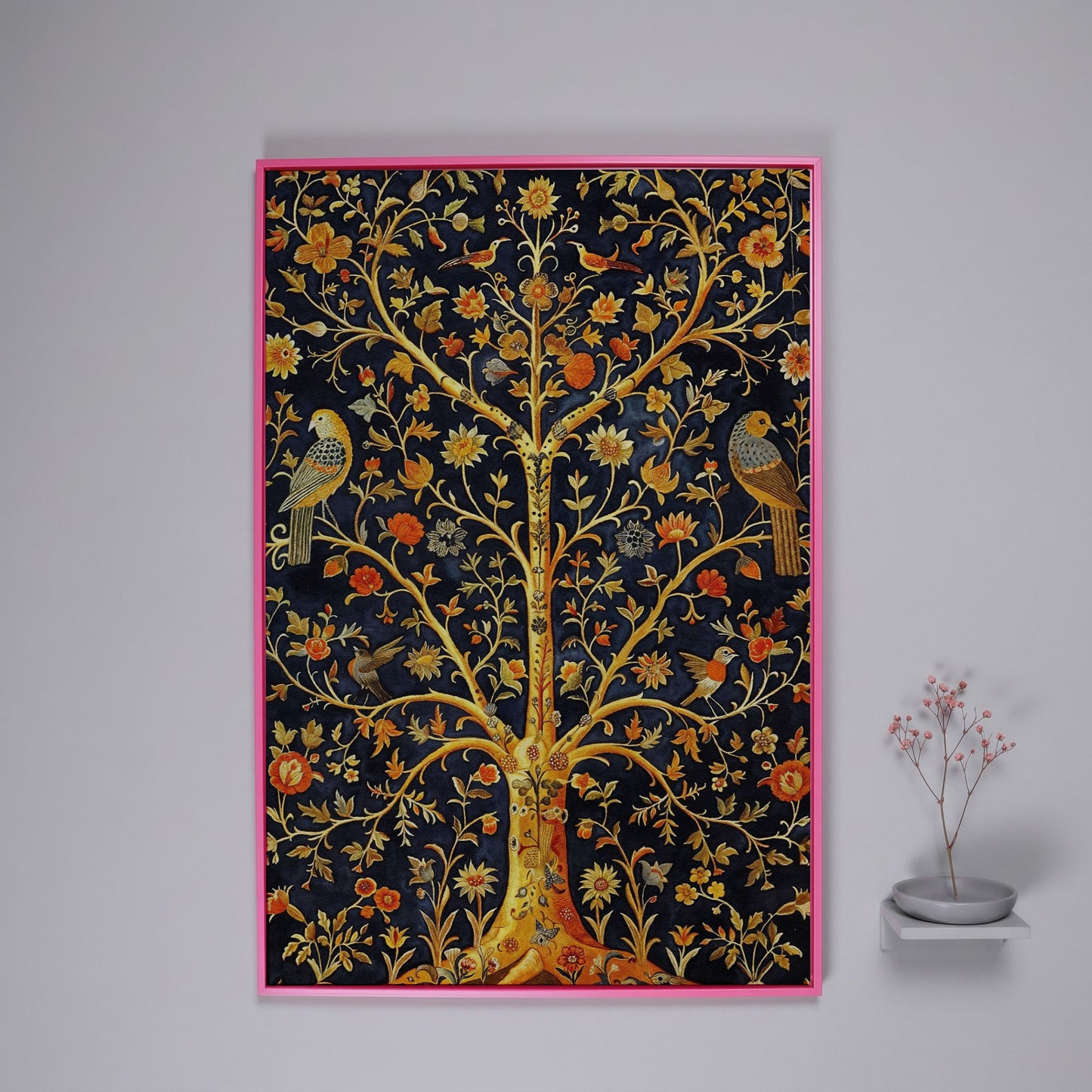 Tree of Life with Birds and Flowers Canvas in pink floating frame