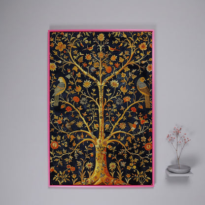 Tree of Life with Birds and Flowers Canvas in pink floating frame
