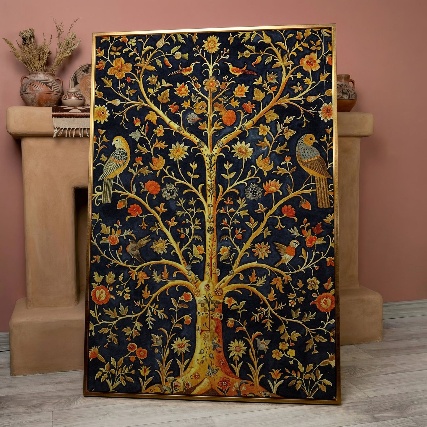 Tree of Life with Birds and Flowers Canvas in rose gold floating frame