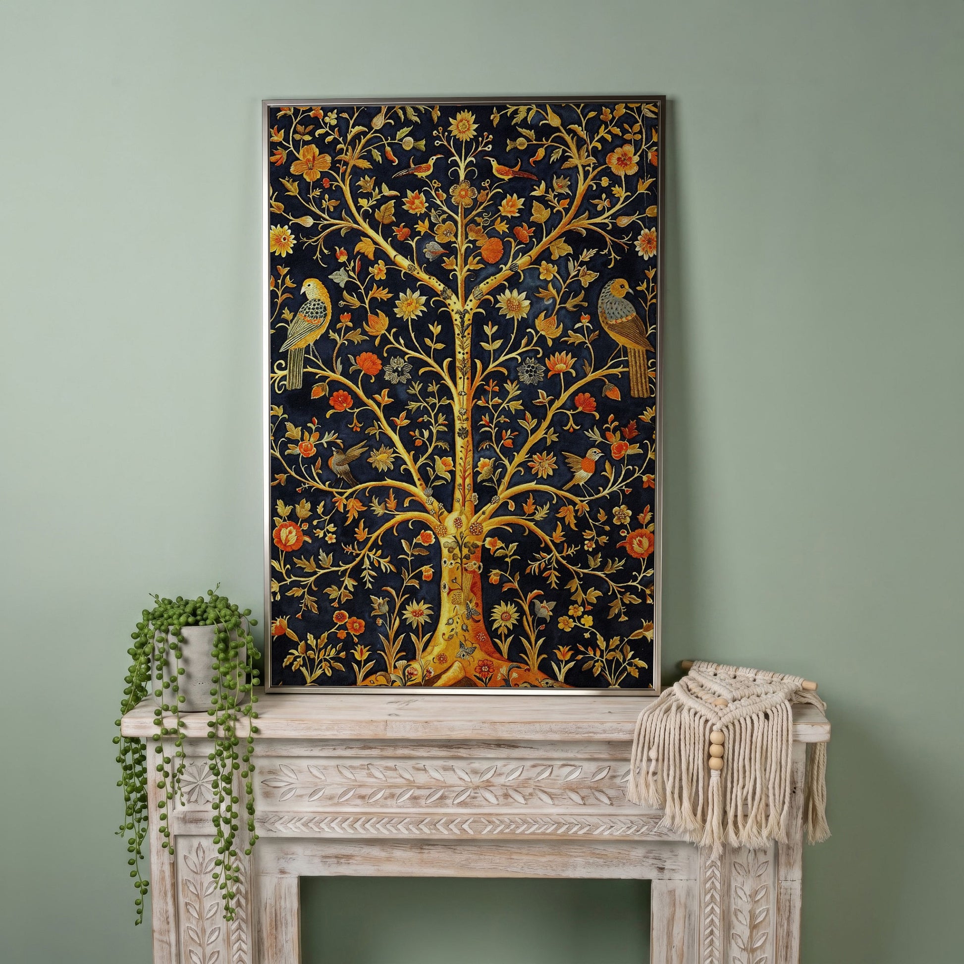 Tree of Life with Birds and Flowers Canvas in silver floating frame