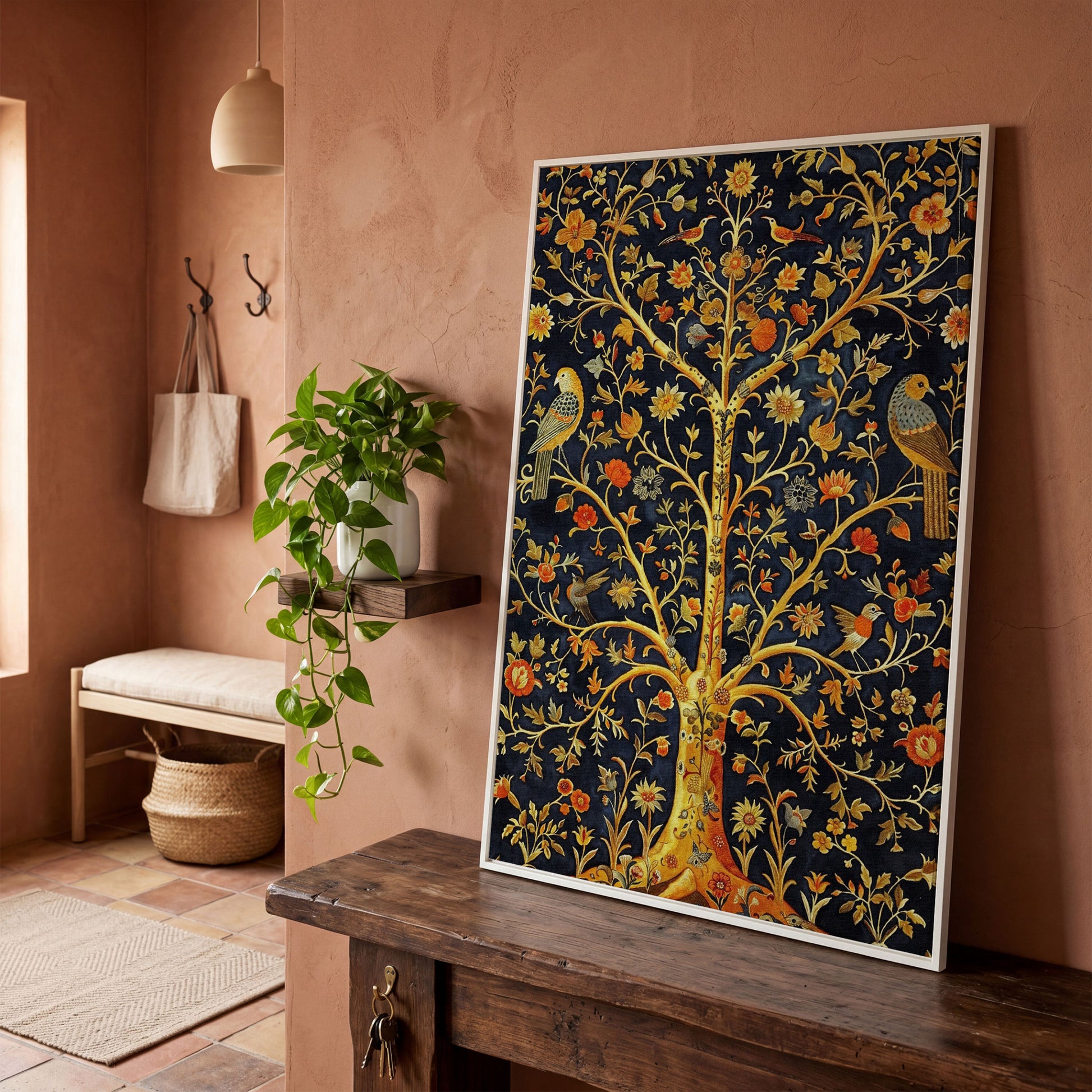 Tree of Life with Birds and Flowers Canvas in white floating frame