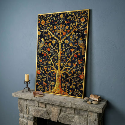 Tree of Life with Birds and Flowers Canvas in yellow gold floating frame