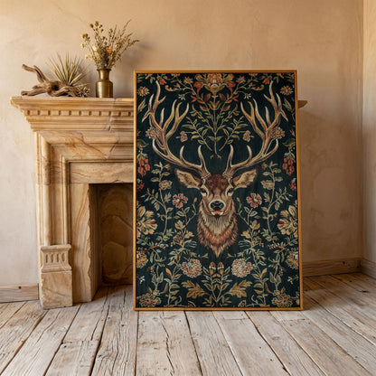 Majestic Deer with Floral Canvas Art in antique gold floating frame