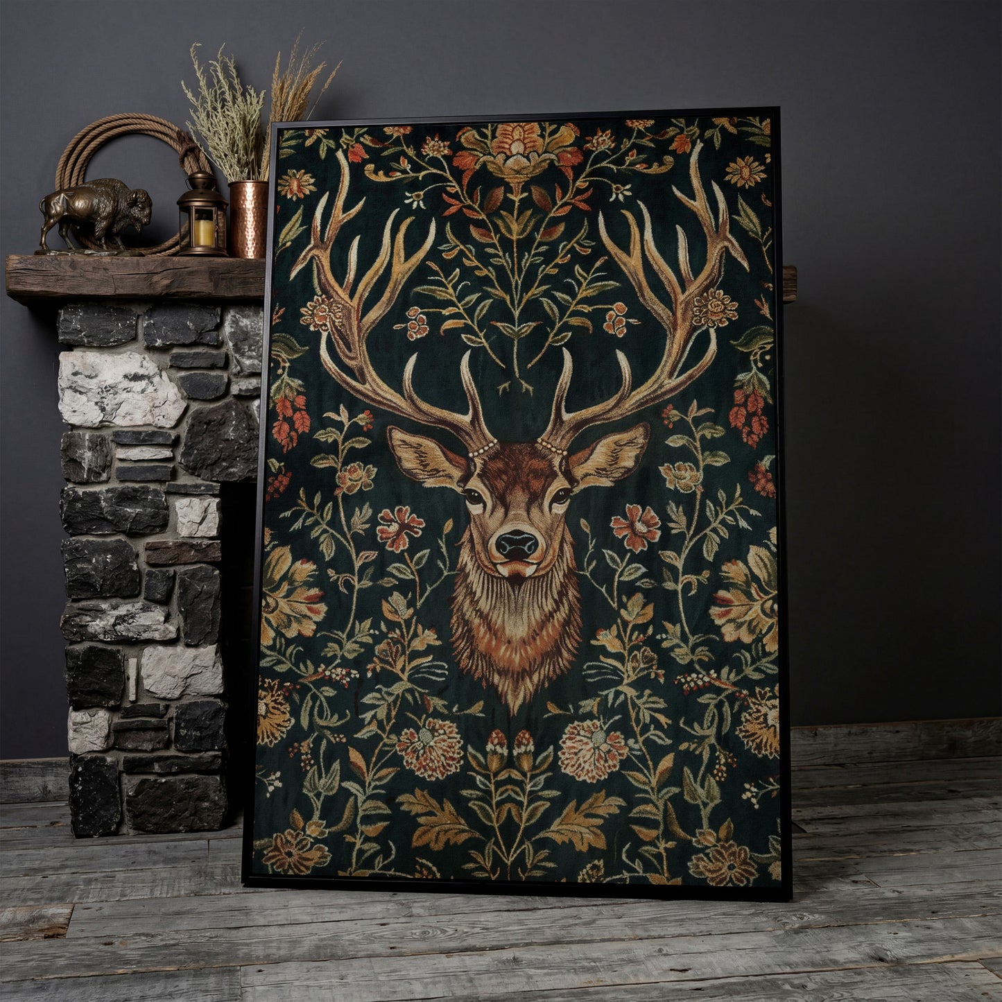Majestic Deer with Floral Canvas Art in black floating frame
