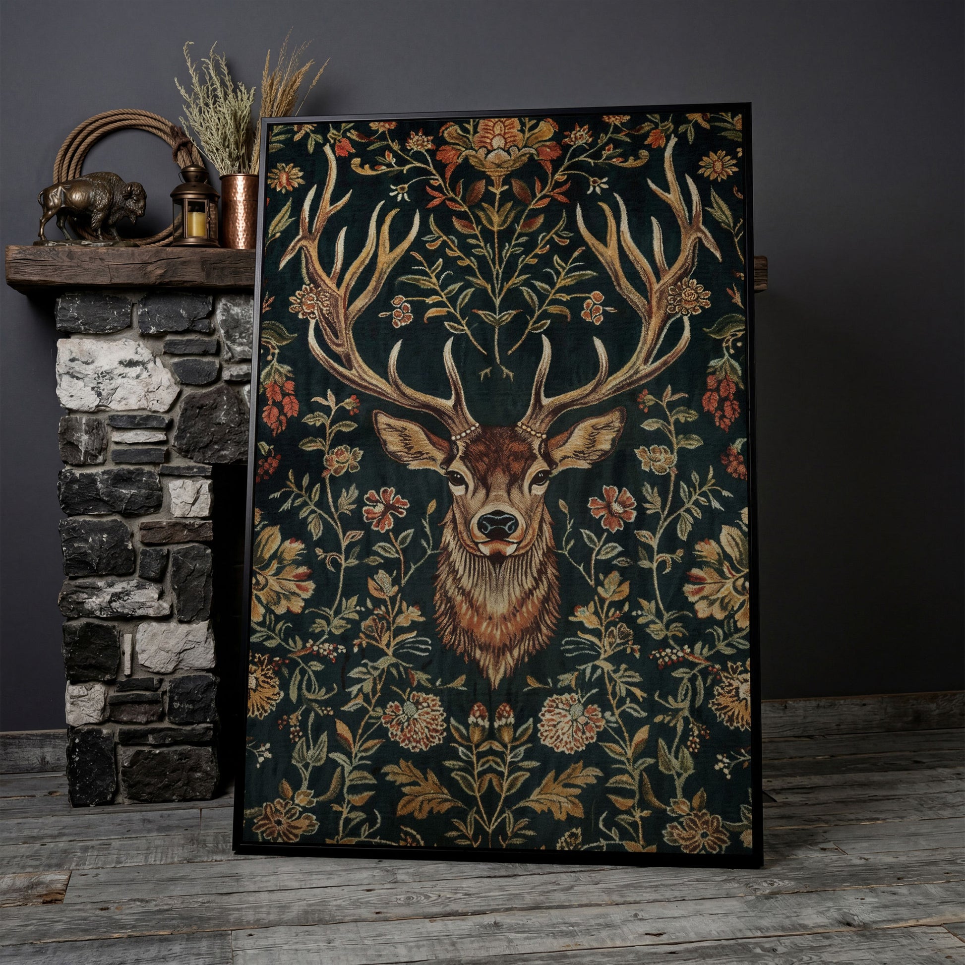 Majestic Deer with Floral Canvas Art in black floating frame