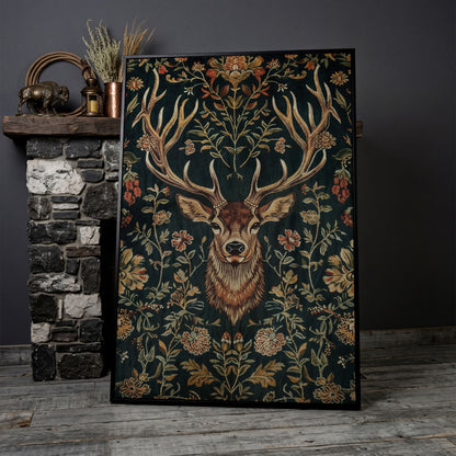 Majestic Deer with Floral Canvas Art in black floating frame