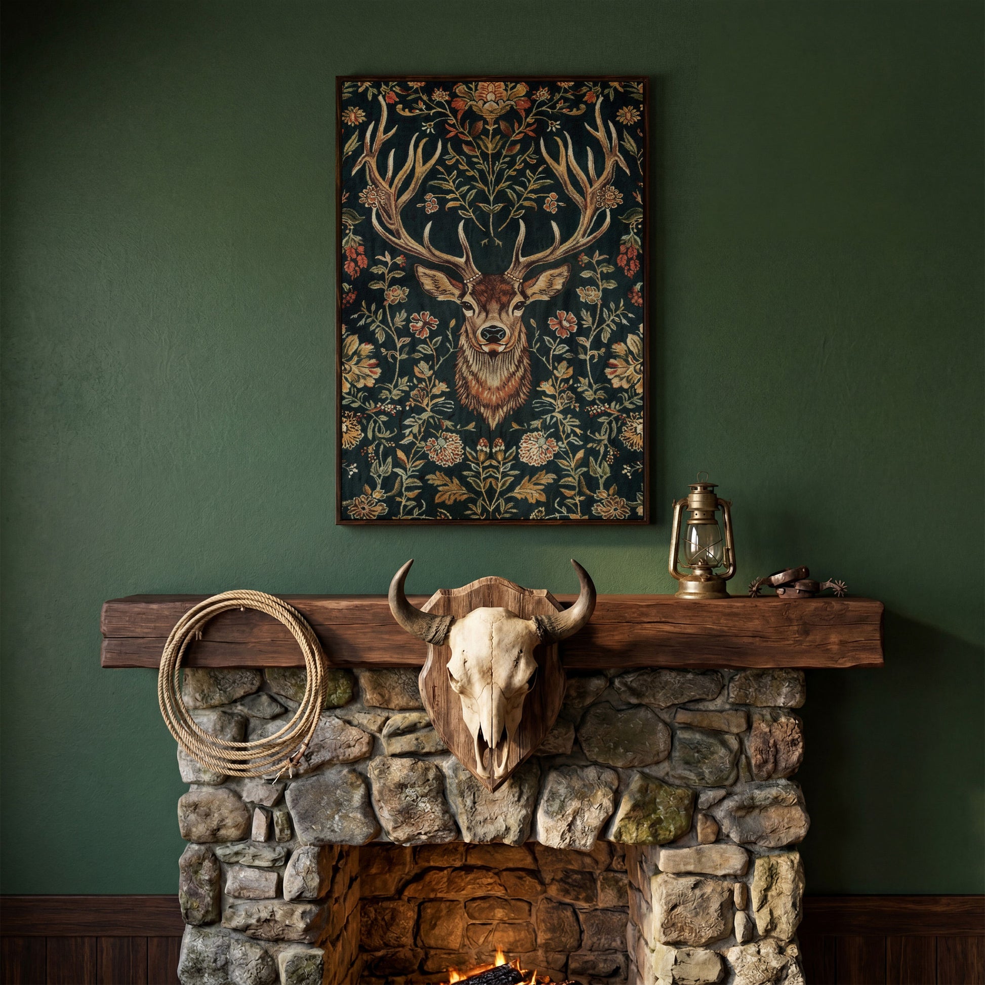 Majestic Deer with Floral Canvas Art in dark walnut floating frame