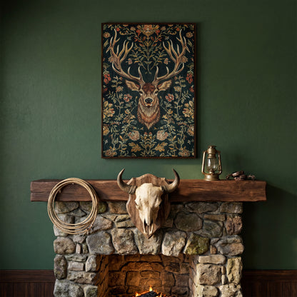 Majestic Deer with Floral Canvas Art in dark walnut floating frame