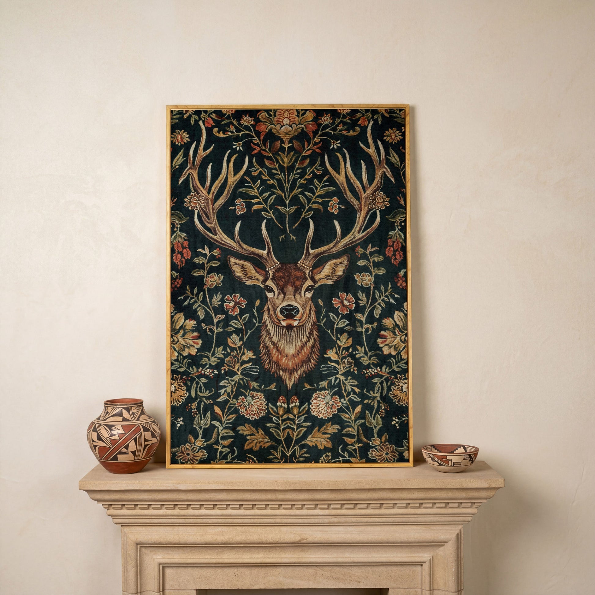 Majestic Deer with Floral Canvas Art in white oak floating frame