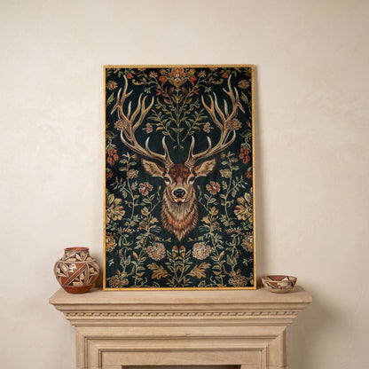 Majestic Deer with Floral Canvas Art in white oak floating frame