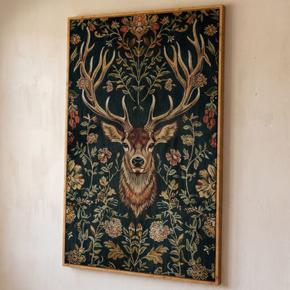 Majestic Deer with Floral Canvas Art shown in white oak floating frame