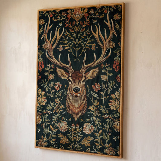 Majestic Deer with Floral Canvas Art shown in white oak floating frame