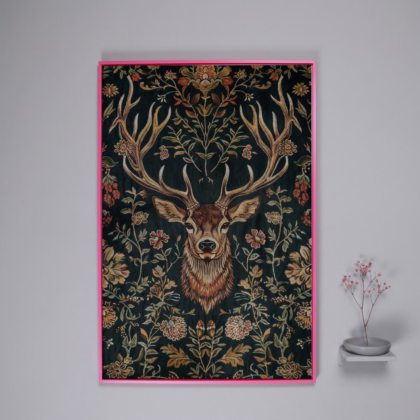 Majestic Deer with Floral Canvas Art in pink floating frame
